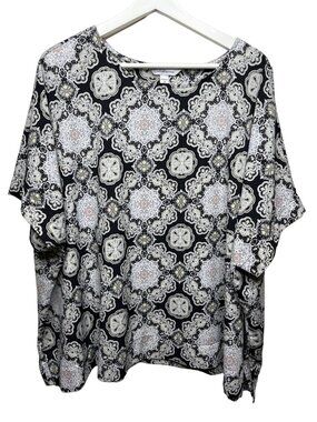 Croft & Barrow Women 1X Paisley Blouse Black White Tan Short Sleeve Top